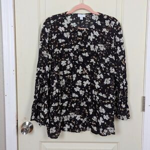 J.Jill | Black Floral Print Rayon Blouse Long Sleeve Size Large